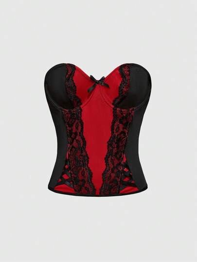 Goth Crop top decorado con ribete de encaje de contraste sexy Y2K con lazo en la cintura, perfecto para fiesta de Año Nuevo