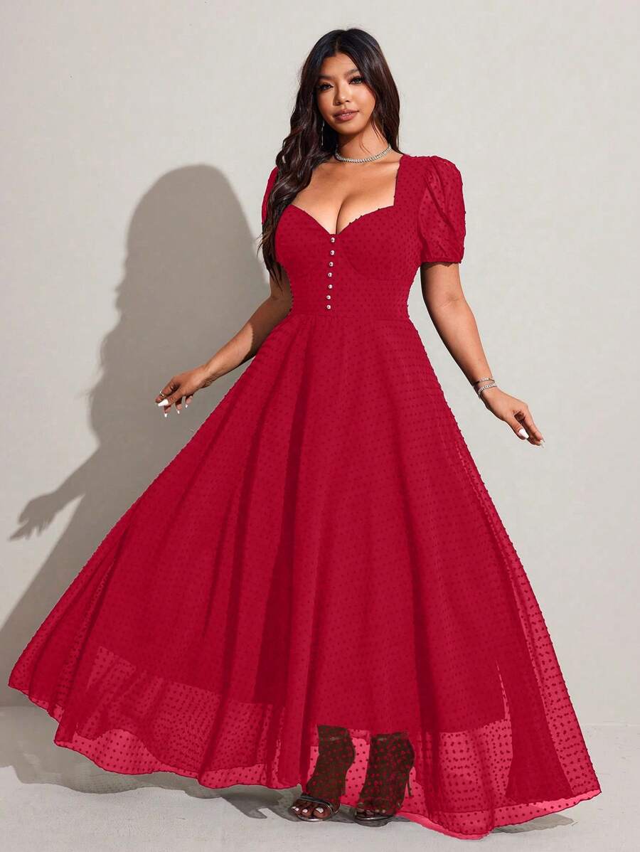 Viva Relle Plus-Size Women's Fabric Buttons Decorated Sexy Short-Sleeved Mid-Length Slimming Dress - Red - View 1