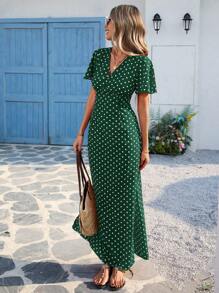 Vivid Eden Wave Pattern V-Neck Short Sleeve Fitted Women's Dress Spring And Summer Outfits, Summer Clothes, Valentine Day, Vacation Outfits Woman, Beach Outfits For Woman, Festival, Romantic And Elegant Clothing, Bohemian, BOHO, Sweet, Rave Outfits Festival, Tropical Vacation Woman Clothes, Carnival Vacation Dress,Boho Clothes Women - Dark Green - View 6