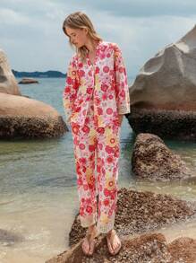 Lumivelle Women Beach Vacation Style Printed Shirt And Pants 2 Pieces Set (Printed Pattern Asymmetrical) - Multicolor - View 3