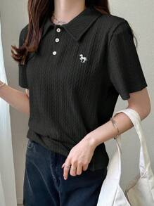 FRIFUL 女士杏色基础款 Polo 领刺绣 T 恤，翻领短袖夏季服装 - 黑色 - 查看 6