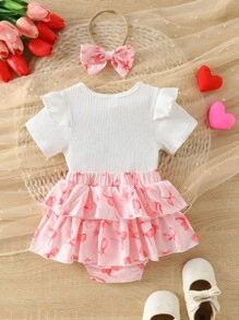 Infant Girls' Sweet Style 2 In 1 Bow Print Bodysuit And Headband Set - Multicolor - View 2