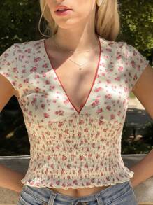 Pariaura 女式夏季V领黄色花卉印花法式袖T恤 - 黃色 - 查看 3