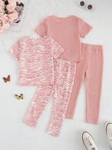 2pcs/Set New Fashion Young Girl Zebra Stripe Printed + Solid Ribbed Leggings Suit, Very Suitable For Outdoor - Multicolor - View 2