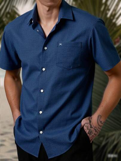 Manfinity Homme Men's Casual Blue Short Sleeve Button Up Shirt