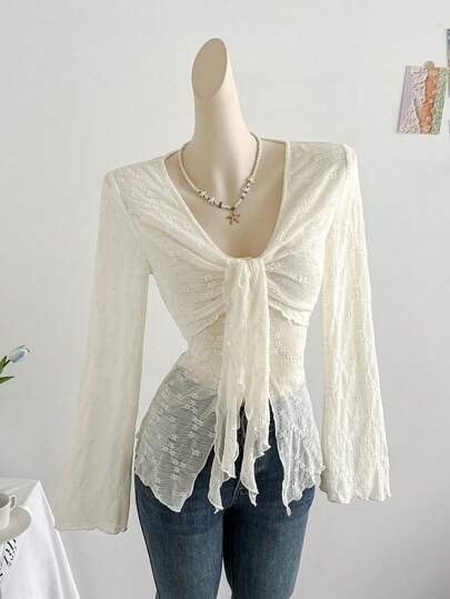 Soleia Women V-Neck Tie Flare Sleeve Textured Fabric Casual Blouse, Suitable For Vacation, Party, Date, Afternoon Tea, Beach, Music Festival