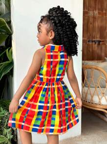 SHEIN Young Girl Casual Multicolor Plaid Sleeveless Collared Half-Button Front Dress