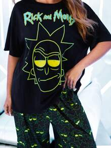 Rick and Morty X SHEIN Set pigiama oversize con stampa a cartoni animati, composto da top a maniche corte e pantaloni lunghi - nero - Visualizzare 5