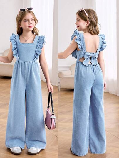 SHEIN Tween 女童春夏假期纯色水洗无袖露背露背连体裤，带蝴蝶结和荷叶边，休闲风格和休闲版型，女童夏季海滩波西米亚风度假休闲装，狂欢音乐会节日装