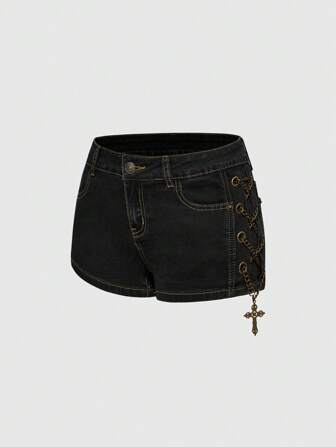 ROMWE Avant Distressed Vintage Washed Side Metal Cross Decor Low Waist Mini Shorts
