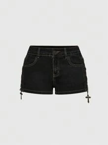 ROMWE Avant Shorts minifalda de cintura baja con decoración de cruz de metal lavado en estilo vintage desgastado