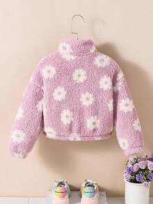 SHEIN Young Girl Young Girl Young Girl Colorful Flower Pattern Stand Collar Long Sleeve Zip Up Mock Neck Thermal Teddy Jacket , Fleece Cardigan ,Warm & Comfortable ,Great For Casual & Daily Wear & School Daily In Autumn & Winter,For Christmas ,Pink Fall - Purple - View 3