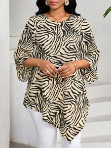 SHEIN Lady 动物印花不对称下摆女式衬衫上衣适合春夏休闲度假 - 彩色 - 查看 3