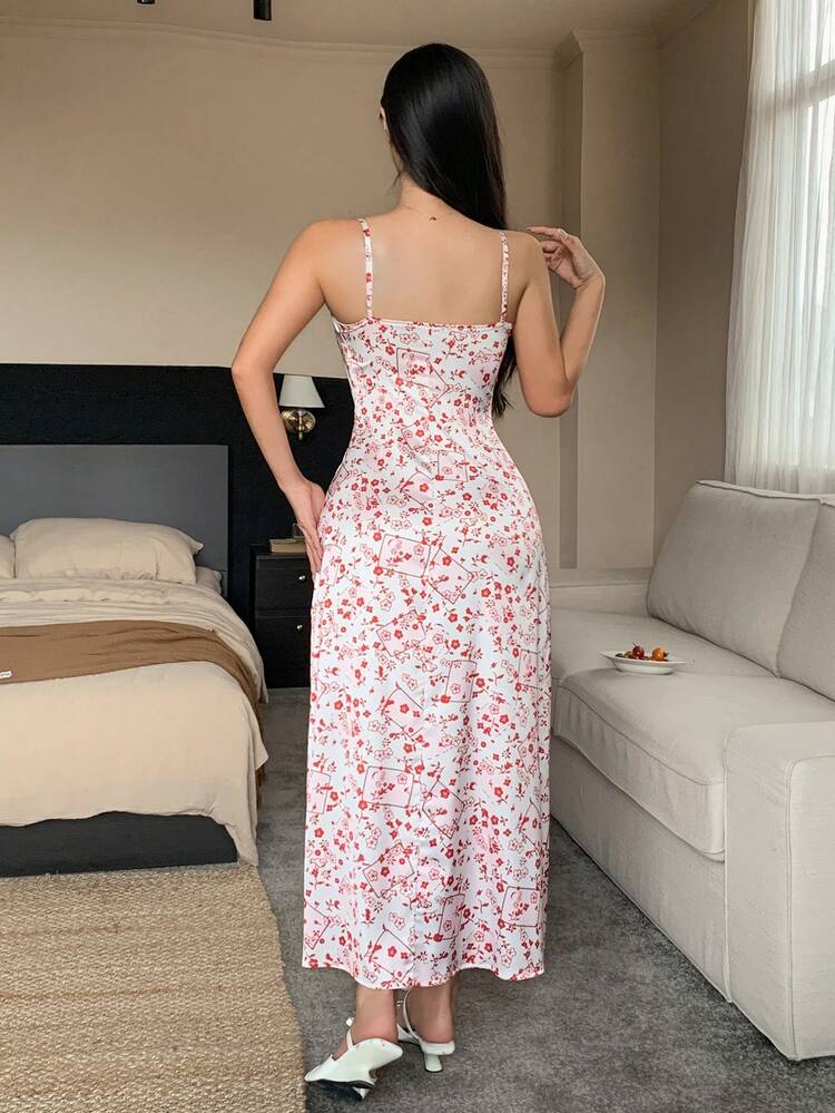 Satin Floral All Over Print Adjustable Strap Waist Women Nightgown Pajama