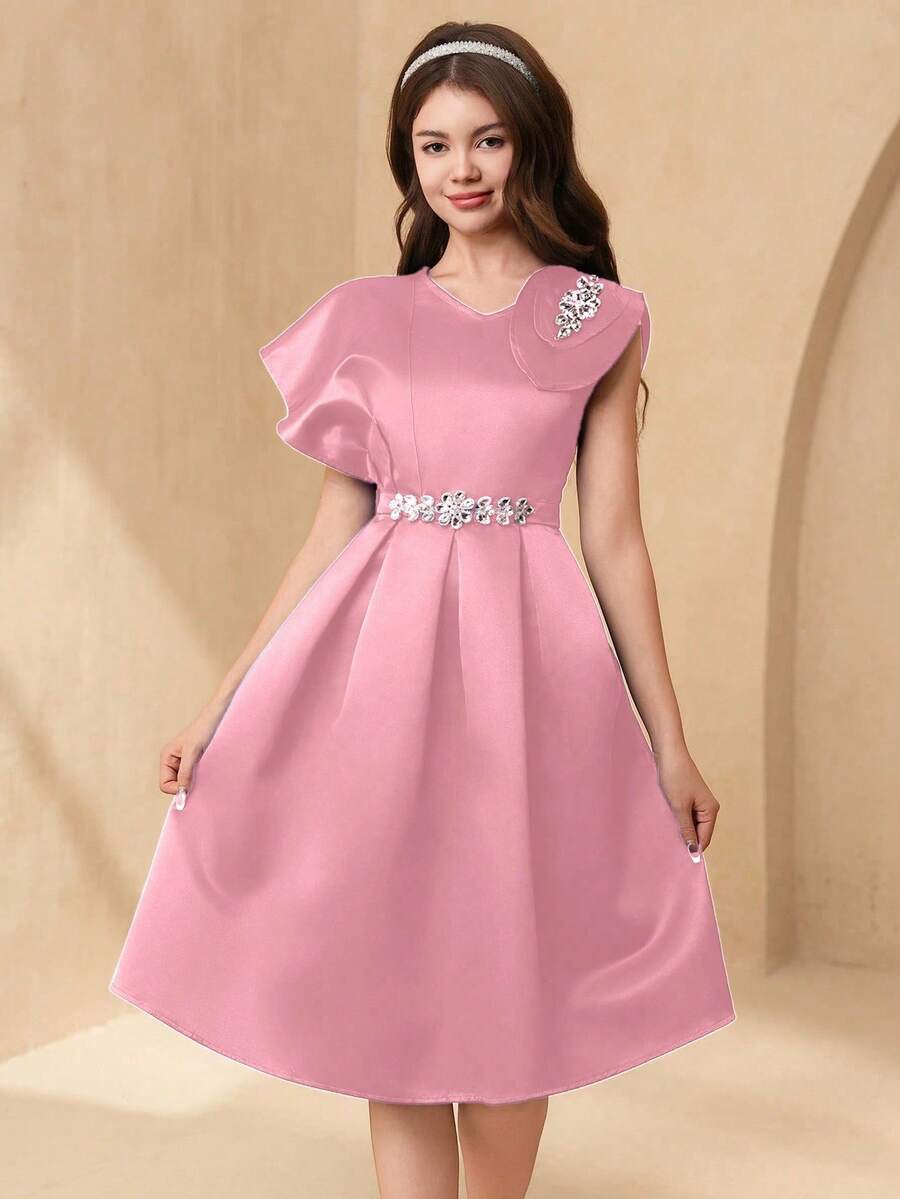 SHEIN Teen Girls' Elegant Luxurious Satin Beaded Formal Dress - Pink - View 1