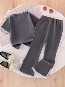 2 pezzi Completo primavera/autunno per ragazze giovani con maglietta girocollo grigia comoda con decorazione in pizzo e fiocco, e pantaloni casual