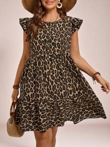 SHEIN VCAY Plus Size Leopard Print Holiday Round Neck Cap Sleeve Patchwork Women's Summer/Fall Dress,Beach Dress Sundress,Holiday Outfits Boho - Multicolor - View 1