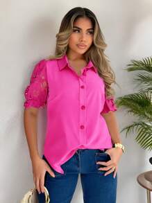 Xyvia Fashionable Casual Patchwork Ruffle Lantern Sleeve Design Women Blouse - Hot Pink - View 1