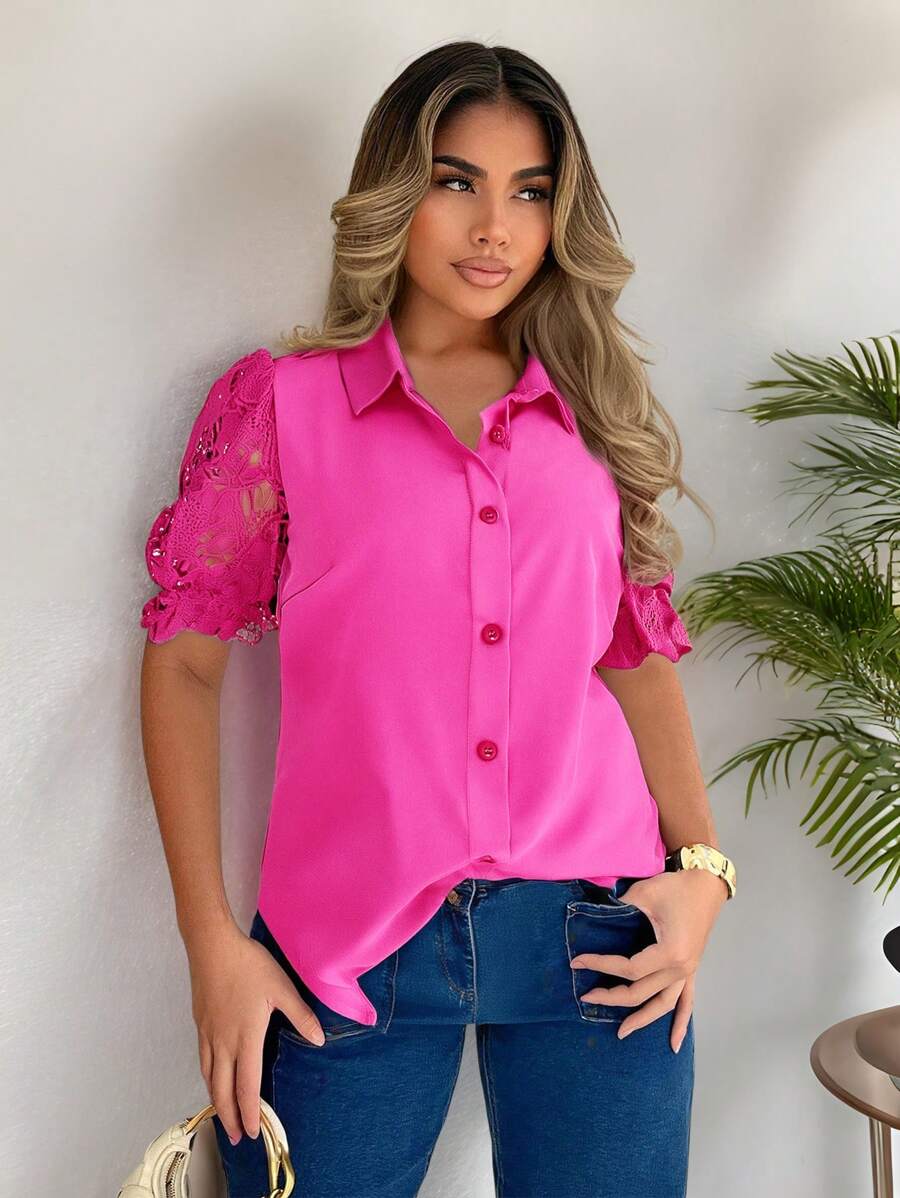 Xyvia Fashionable Casual Patchwork Ruffle Lantern Sleeve Design Women Blouse - Hot Pink - View 1