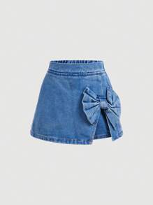 女孩休閒整體褲裙,帶有融合包裝裝飾的牛仔布款式