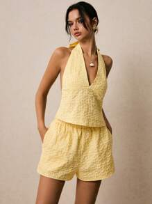 Poéselle 2 件女式无袖上衣和短裤套装，奶油黄色，时尚夏装，度假两件套，女士度假装，旧款 - 黃色 - 查看 2