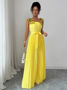 Elenzga Ärmellose Damen-Jumpsuit mit elegantem geraffter Taille Design, floralen gestickten Schulter Details, geeignet für Alltag und Urlaub