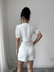 Elenzga 2pcs Women High Waist Shorts & Puff Sleeve Blouse Set, Elegant - White - View 2