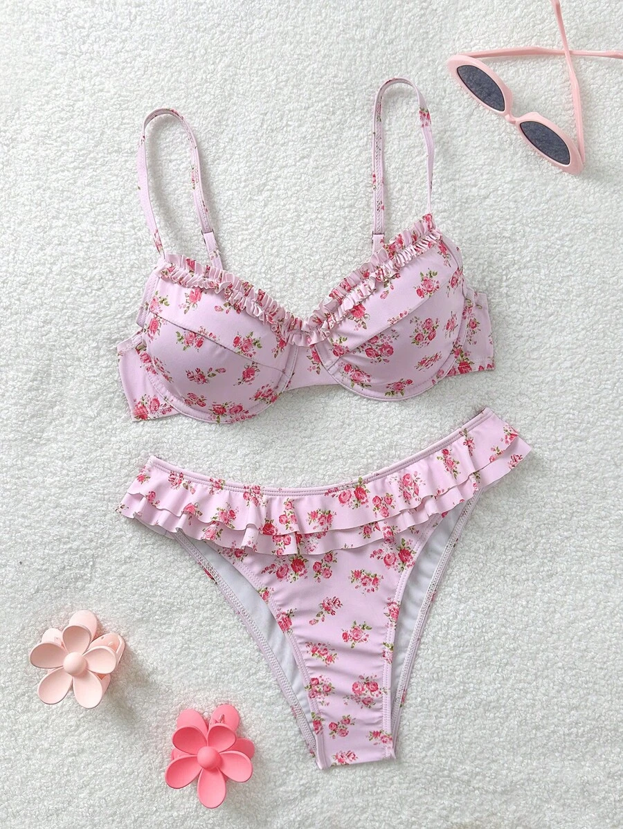 Soleia Pink Bathing Suit Vacation Outfits Women Beach Outfits For Woman Women's Floral Print Pink Bikini Set, Cute, Kawaii