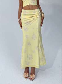 Aloruh Women's Floral Print Vintage Elegant Summer Vacation Holiday 2 Pieces Set,Sleeveless Top & Maxi Yellow Skirt, Purple And Yellow Outfit - Yellow - View 3