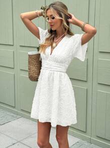SHEIN Frenchy Women's Vacation Solid Color Jacquard Ruched Waist Short Sleeve Mini Dress Summer White