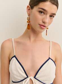 Nöista Cute Top For Women, Contrast Detail Tie On Front Closure Holiday European Summer Style Tank Top - White - View 6