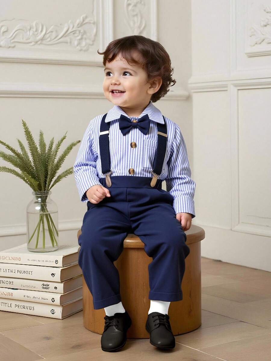 Souflis Souflis 2pcs Baby Boys Retro Striped Long Sleeve Shirt With Tie And Adjustable Suspenders Pants Set, Suitable For Birthday Wedding Party And Spring/Autumn Occasions - Navy Blue - View 1