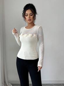 Elenzga Retro Handmade 3D Flower Tight Solid Color Sweater, High-End Versatile, Spring/Autumn Knit Pullover Fall Winter - Apricot - View 5