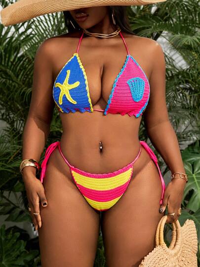SHEIN Swim Curve 大码针织泳衣罩衫和三角泳裤