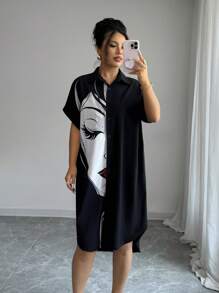 SHEIN Unity 肖像印花前扣休闲夏季短袖连衣裙 - 彩色 - 查看 1