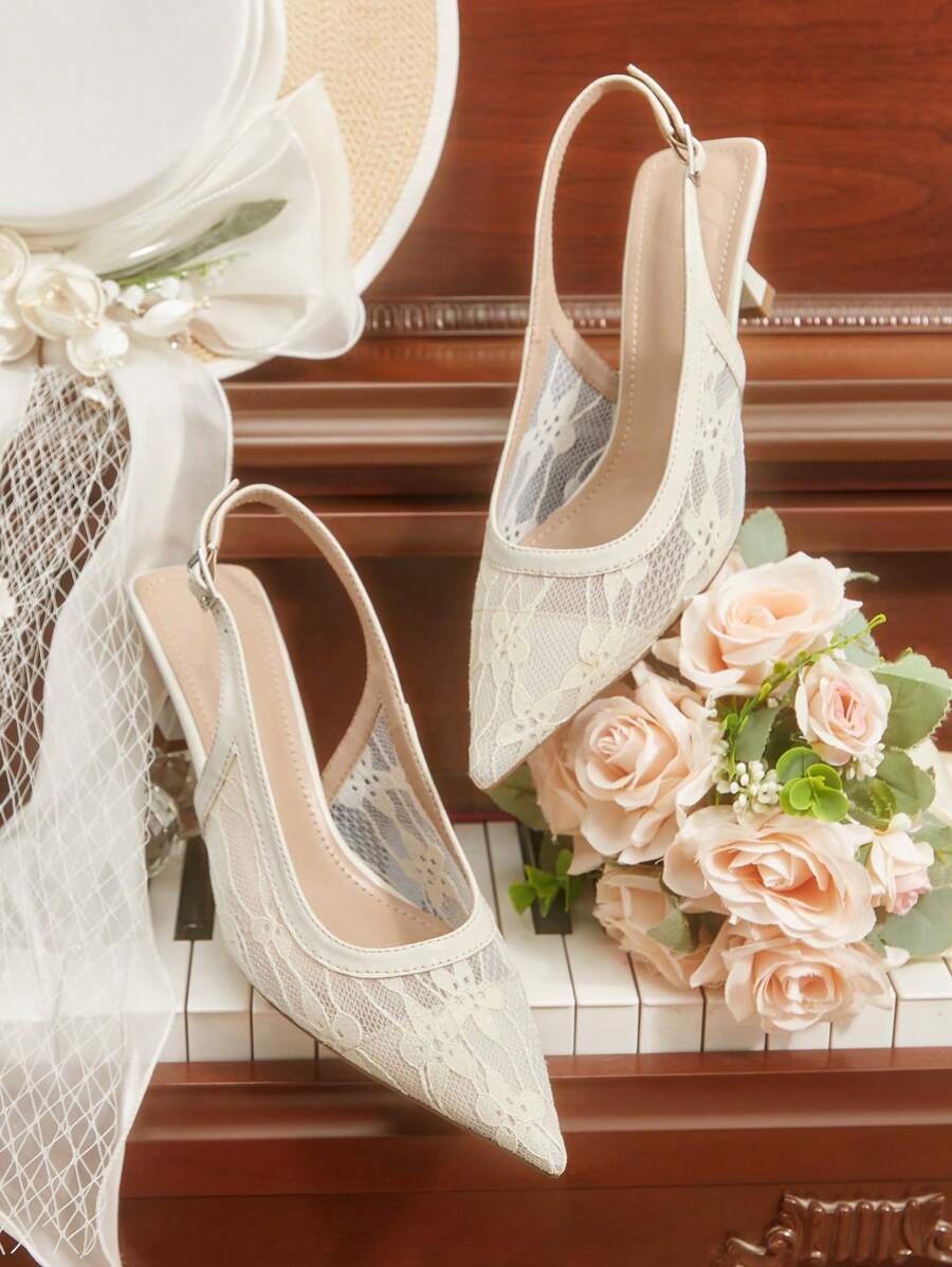 CUCCOO HITCHD White Lace Pointy Toe Hollow Out High Heel Pumps For Women, Bridal Wedding Vacation Style - Apricot - View 1