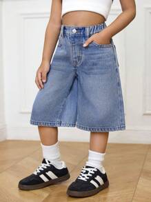 SHEIN 年轻女孩 Y2K 基本款休闲蓝色牛仔 3/4 裤，春夏休闲度假乡村波西米亚风装 - 淺色水洗藍 - 查看 4