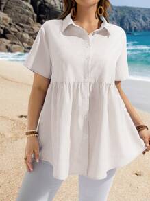 EMERY ROSE 大码休闲条纹衬衫，简约时尚，适合日常穿着、夏季穿着、送给母亲的礼物、波西米亚风、春假风、狂欢风、乡村风 - 卡其色 - 查看 6