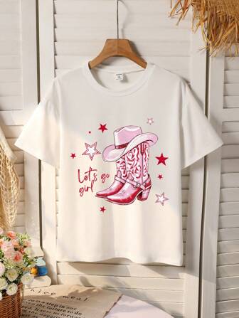 Tween Girls "Let's Go Girl" Chelsea Boot & Star Print Round Neck Short Sleeve White T-Shirt, Summer Pink Cowboy Boots Shirt