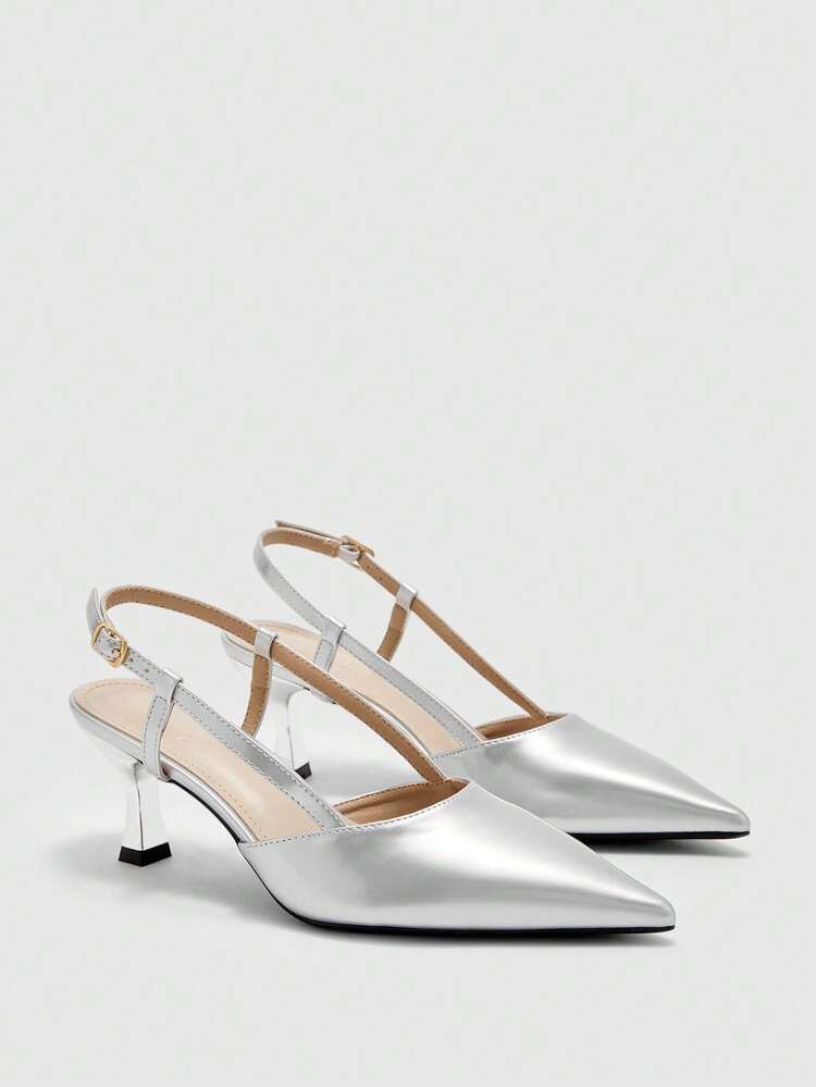 CUCCOO BIZCHIC Women's Pointed Toe Thin Heel Silver Elegant Commute, Party, Work Pumps With Buckle Strap