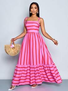 SOLERSUN 女式飘逸条纹长裙，肩带和胸部褶皱细节，适合度假、海滩、通勤和休闲穿着，优雅礼服（随机花卉） - 粉色 - 查看 5