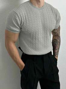 Manfinity Homme 男式纯色麻花图案圆领短袖针织毛衣 - 淺灰色 - 查看 3