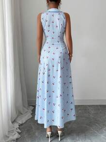 Selianne 无袖条纹波西米亚风度假连衣裙，独特领口，系带腰部，A 字廓形，樱桃纽扣，适合夏季音乐节 - 藍色 - 查看 2