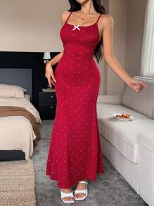 DAZY 女士收腰波尔卡圆点印花蝴蝶结饰边睡裙，返校服睡衣 - 紅色 - 查看 6