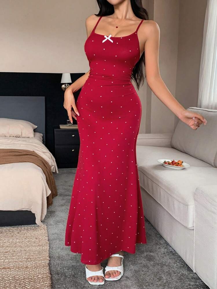 Gathered Waist Polka Dot Print Bowknot Trim Nightdress For Women,Back To School Clothes Pajama