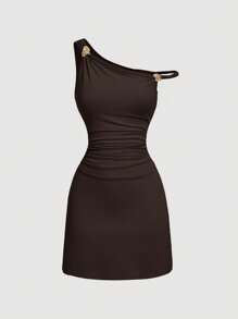 SHEIN MOD Women Solid Color Fitted Pleated Metal Buckle Mini Dress,Club Outfits Women Sexy
