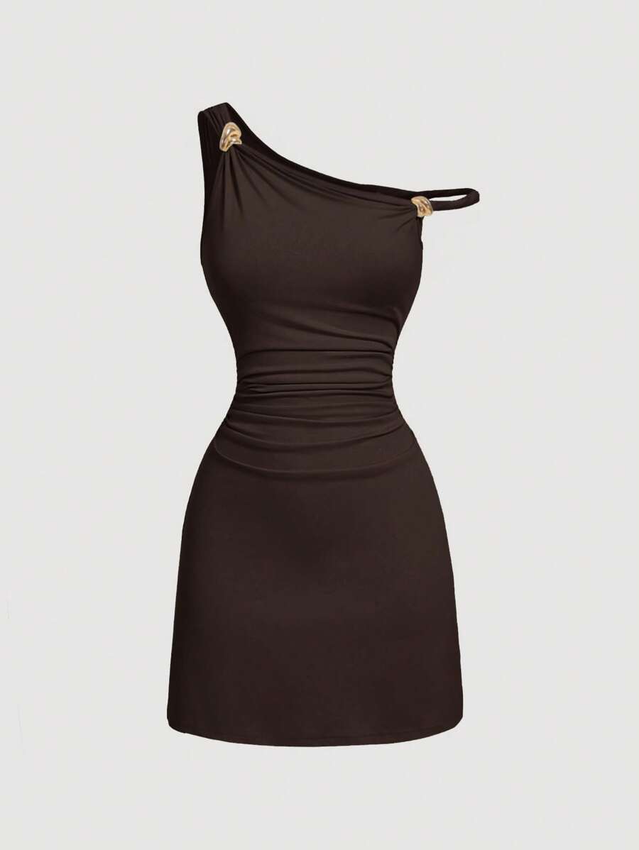 SHEIN MOD Women Solid Color Fitted Pleated Metal Buckle Mini Dress,Club Outfits Women Sexy