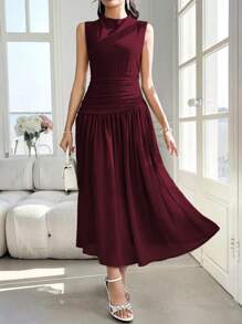 Modelyn Women's Design Sense Mock Neck Sleeveless Ruched Midi Dress - Burgundy - View 6