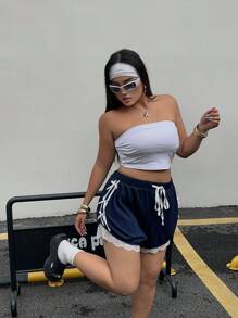 SHEIN MOOSTA Plus Size Women's Elastic Waist Bow Ruffle Trim Shorts - Navy Blue - View 7