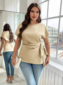 Reflora Plus Size Solid Color Ruched Drawstring Crew Neck Short Sleeve Blouse,Going Out Tops Women - Apricot - View 2